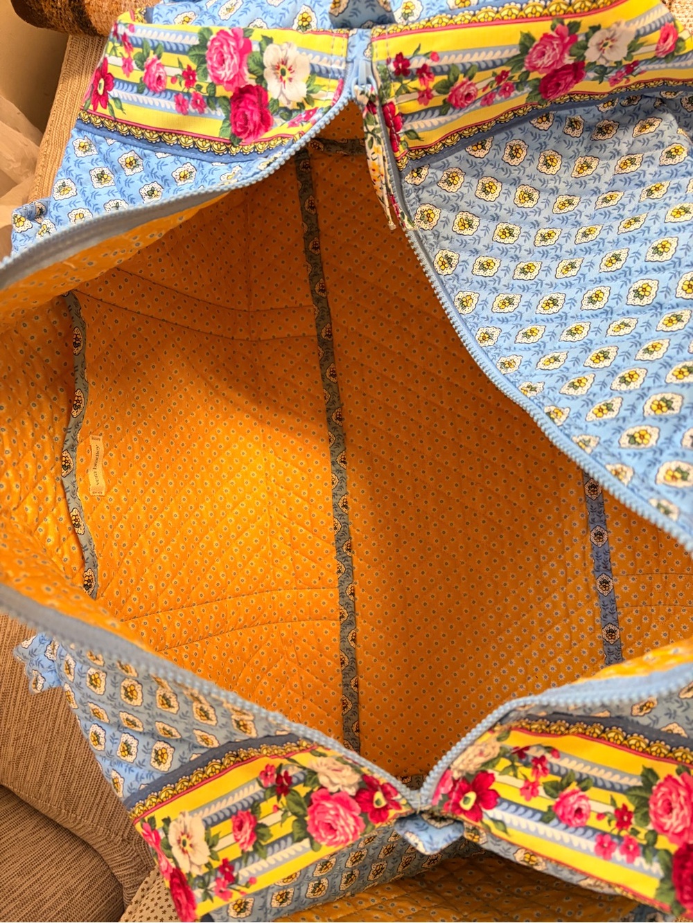 Vera Bradley Light Blue Quilted Travel Duffel with Yellow Floral Trim - Picture 3 of 3